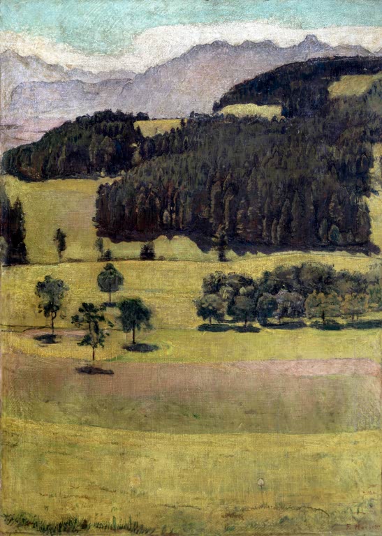 Ferdinand Hodler Landschaft Eichen am Stockhorn Kunstkopie, grüne Hügel mit dunklem Wald, Baumgruppen und ferner Bergkette