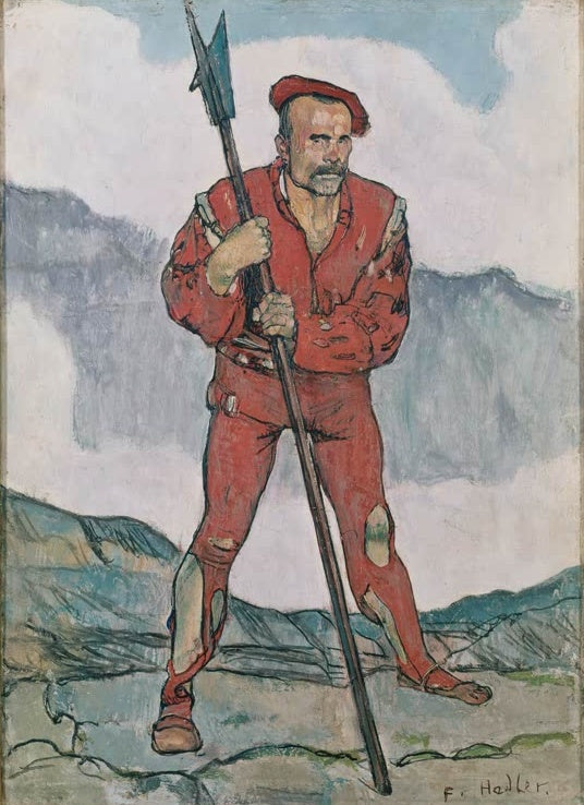 Ferdinand Hodler Landsknecht in Rot Kunstkopie, Krieger in roter Tracht mit Hellebarde vor Bergen und Wolken