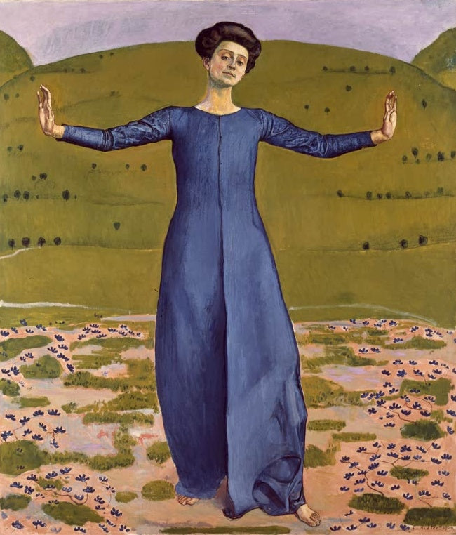 Ferdinand Hodler Lied aus der Ferne Kunstkopie, Frau in blauem Kleid mit ausgestreckten Armen vor grünen Hügeln