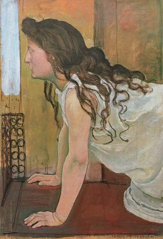 Ferdinand Hodler Mädchen im Hemd am Fenster Kunstkopie, junge Frau mit langem Haar im weißen Hemd am Fenster vor rotem Boden