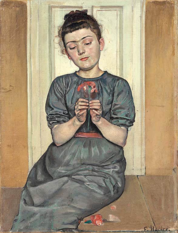 Ferdinand Hodler Mädchen mit Nelke Kunstkopie, junges Mädchen im graugrünen Kleid vor weißer Tür mit roter Blume