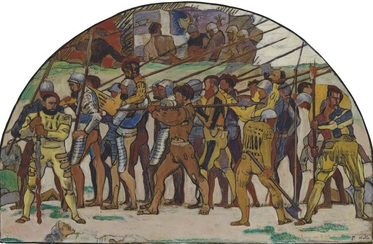 Ferdinand Hodler Rückzug von Marignano Kunstkopie, Schweizer Söldner mit Piken und Rüstungen in halbrundem Bildfeld