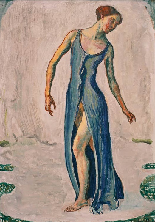 Ferdinand Hodler Schreitende Frau, sich umdrehend Kunstkopie, Frau im blauen Gewand mit gesenktem Kopf vor hellem Grund