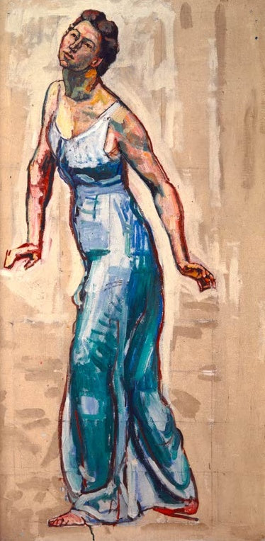 Ferdinand Hodler Schreitende Frauenfigur in blauem Gewand Kunstkopie, Studie einer Frau im blauen Kleid vor hellem Grund