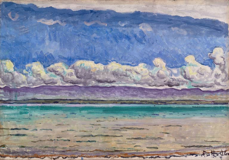 Ferdinand Hodler See mit Wolkenband Kunstkopie, türkisfarbenes Wasser unter tiefblauem Himmel mit einem Band weißer Wolken