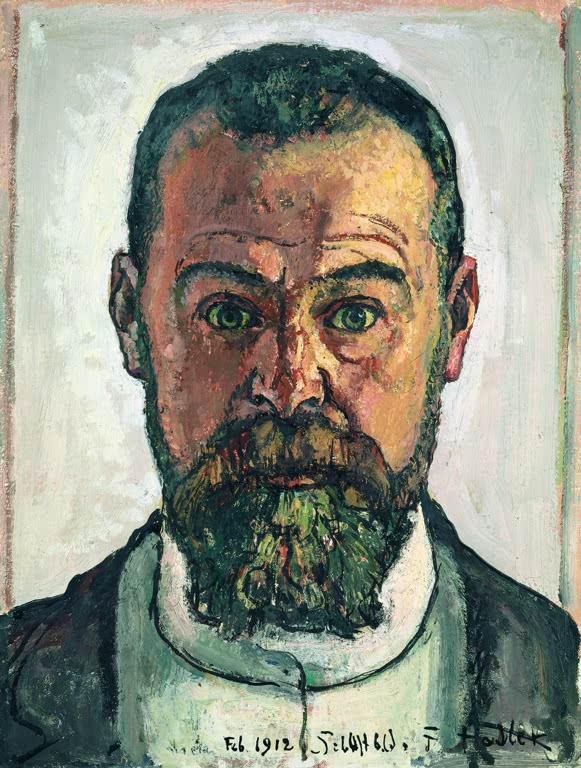 Ferdinand Hodler Selbstbildnis Kunstkopie, frontal blickender Mann mit grünem Vollbart und grünen Augen vor hellem Grund