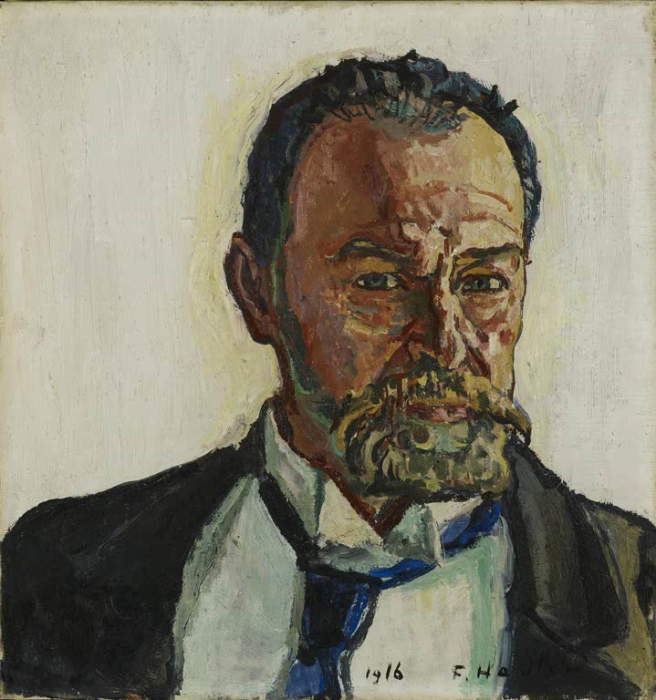 Ferdinand Hodler Selbstbildnis Kunstkopie, Maler mit Bart, dunklem Rock und blauer Krawatte vor hellem Grund