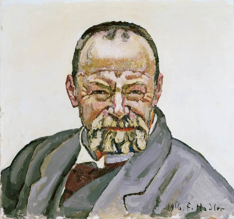 Ferdinand Hodler Selbstbildnis 1916 Kunstkopie, Brustbild des bärtigen Malers im grauen Rock vor hellem Grund