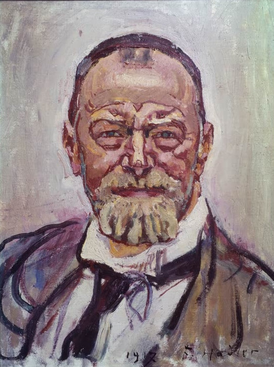 Ferdinand Hodler Selbstbildnis lächelnd Kunstkopie, Brustbild eines bärtigen Mannes mit hoher Stirn und lebhaftem Blick