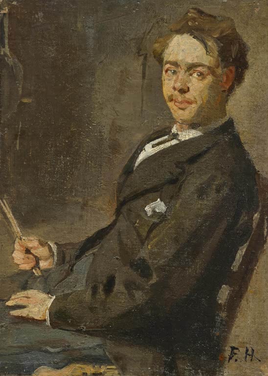Ferdinand Hodler Selbstbildnis mit Pinseln Kunstkopie, junger Maler im dunklen Anzug mit Pinseln in der Hand