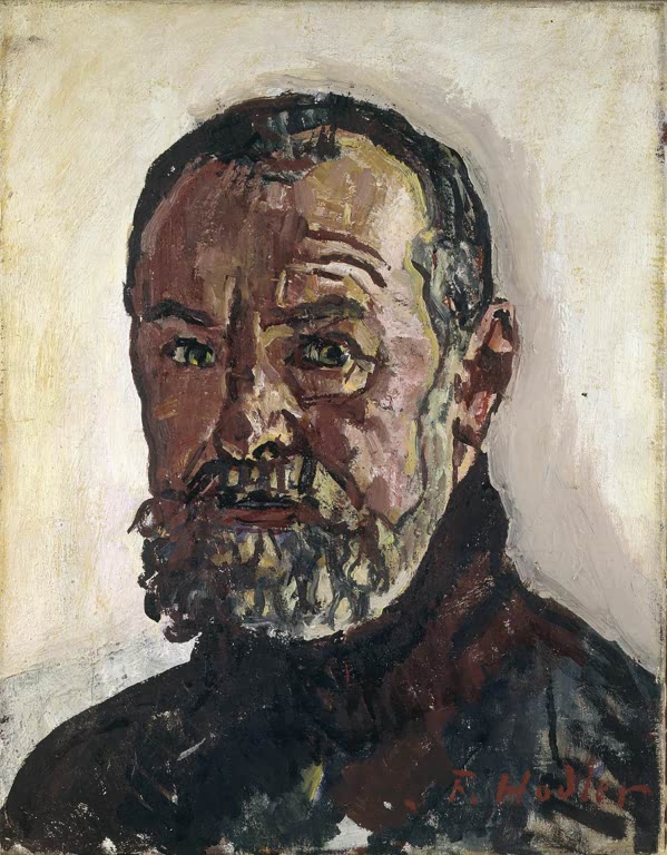 Ferdinand Hodler Selbstbildnis Kunstkopie, älterer Mann mit grauem Bart und ernstem Blick in rotbraunen Farbtönen