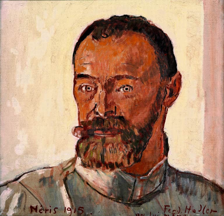Bärtiger Mann mit weit geöffneten Augen vor hellgelber Wand – Ferdinand Hodler Selbstbildnis von Néris Kunstkopie