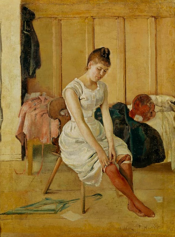 Ferdinand Hodler Sich ankleidende Frau Kunstkopie, junge Frau im weißen Unterkleid zieht auf einem Hocker rote Strümpfe an