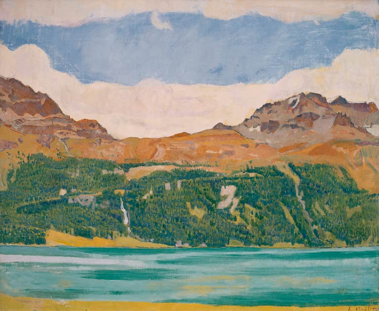 Ferdinand Hodler Silvaplanersee Kunstkopie, türkisfarbener See vor bewaldetem Hang, Bergrücken und Wolkenband