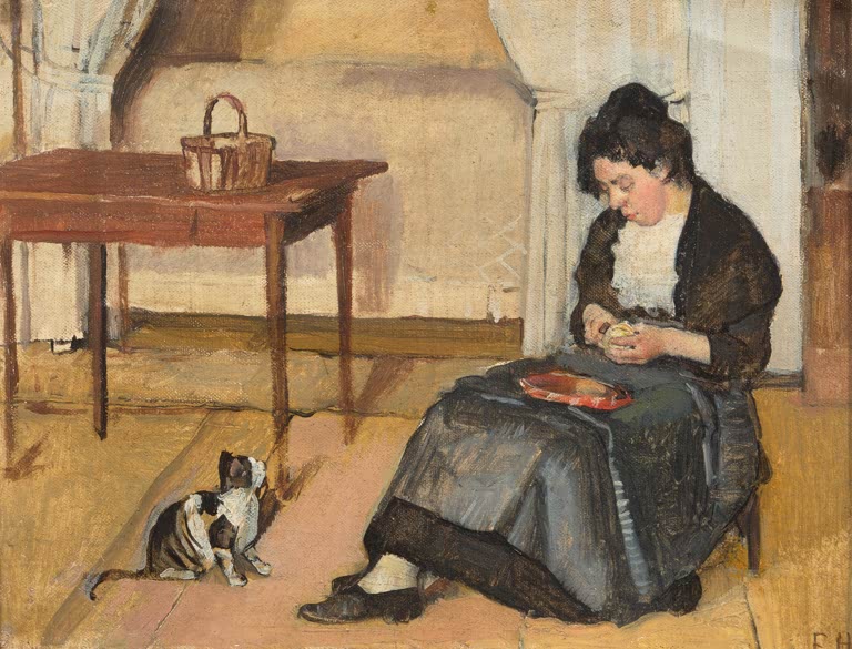 Ferdinand Hodler Sitzende Frau beim Apfelschälen Kunstkopie, Frau in dunklem Kleid in einer Stube, davor eine kleine Katze