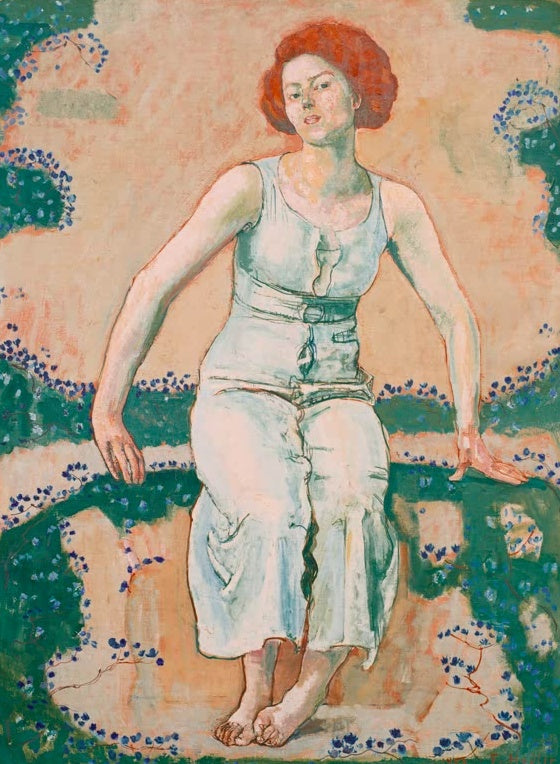 Ferdinand Hodler Sitzende junge Frau im Garten Kunstkopie, rothaarige Frau in hellem Kleid vor Blütenranken in Grün und Rosa