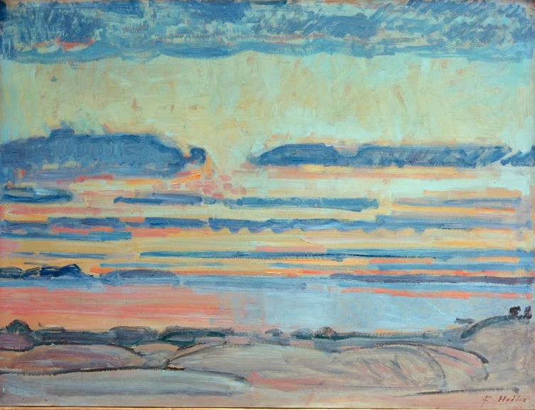 Ferdinand Hodler Sonnenuntergang am Genfer See von Vevey aus Kunstkopie, waagerechte blaue und orangerote Abendwolkenstreifen