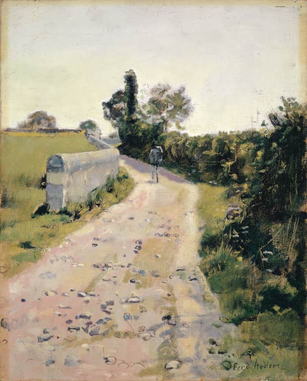 Ferdinand Hodler Sonniges Strässchen Kunstkopie, sonniger Feldweg mit Wanderer zwischen Wiese und Gebüsch unter hellem Himmel