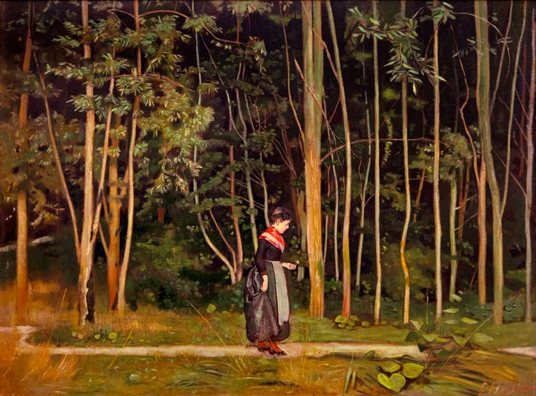 Ferdinand Hodler Spaziergängerin am Waldrand Kunstkopie, Frau mit rotem Tuch auf einem Weg vor dunklem Laubwald