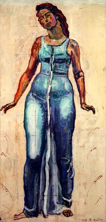 Ferdinand Hodler Stehende Frauenfigur in blauem Gewand Kunstkopie, Frau mit offenen Armen vor hellem Grund mit Ährenmotiven