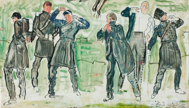 Ferdinand Hodler Studenten beim Anlegen der Uniformen Kunstkopie, sieben Männer in dunklen Röcken vor grünem Grund