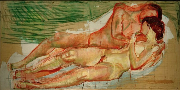 Ferdinand Hodler Studie zu Die Liebe Kunstkopie, umschlungenes liegendes Paar in rötlichen Konturen vor ockerfarbenem Grund