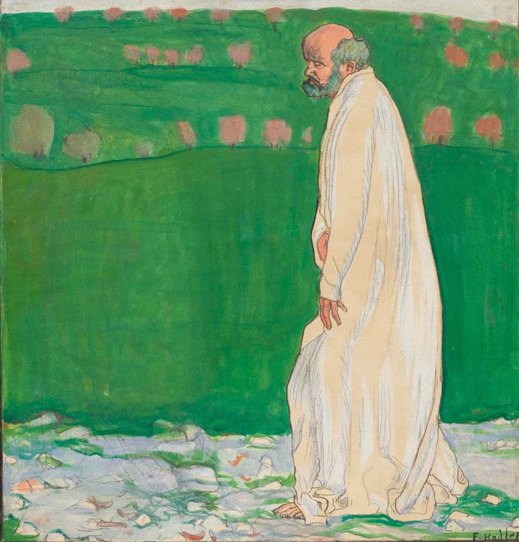 Ferdinand Hodler Studie zu Eurythmie Kunstkopie, bärtiger Mann in hellem Gewand vor grüner Wiese mit rosa Bäumchen