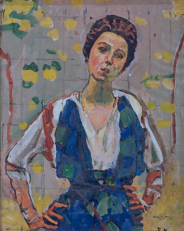Ferdinand Hodler Studie zum Bildnis Gertrud Müller Kunstkopie, Ölstudie einer jungen Frau in blauem Kleid mit gelben Blättern