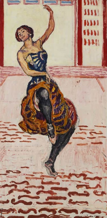 Ferdinand Hodler Tänzerin Kunstkopie, Tänzerin mit erhobenem Arm und ockerfarbenem Rock auf rot gemustertem Boden