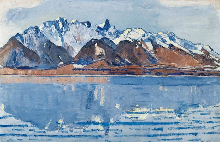 Ferdinand Hodler Thunersee mit Stockhornkette Kunstkopie, schneebedeckte Bergkette spiegelt sich im blauen Wasser