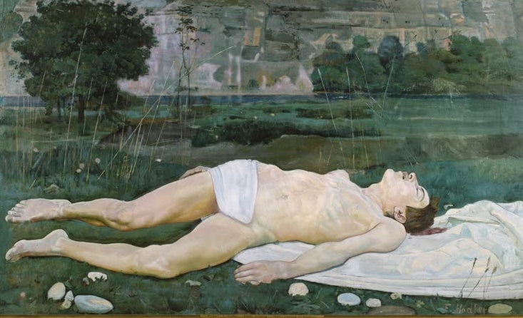 Ferdinand Hodler Toter junger Mann Kunstkopie, auf einer Wiese hingestreckter Körper mit weißem Tuch vor Felswand und See
