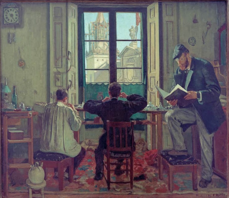 Ferdinand Hodler Uhrmacherwerkstätte in Madrid Kunstkopie, drei Männer arbeiten in einer Werkstatt am offenen Fenster