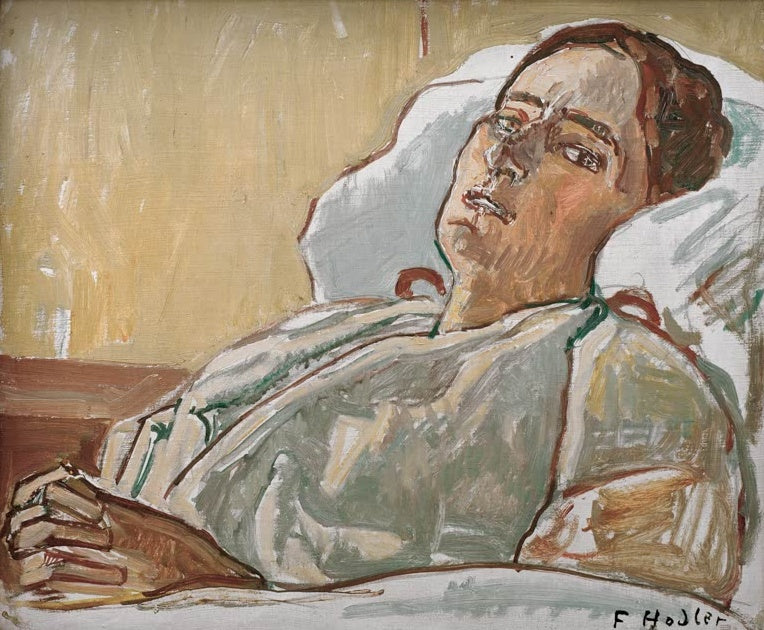 Ferdinand Hodler Valentine Godé-Darel Kunstkopie, Frau mit gefalteten Händen auf Kissen vor ockerfarbener Wand