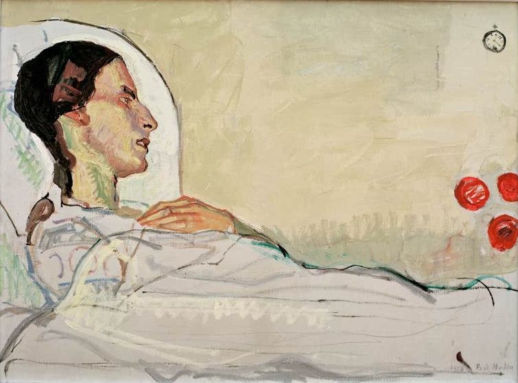 Ferdinand Hodler Valentine Godé-Darel im Krankenbett Kunstkopie, Profil einer liegenden Frau, Uhr und rote Rosen rechts