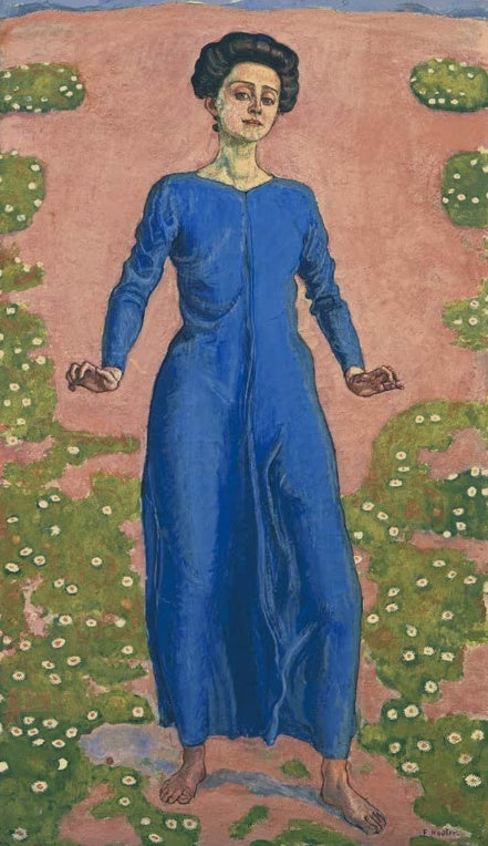 Ferdinand Hodler Verklärung Kunstkopie, Frau in blauem Kleid auf rosafarbenem Grund zwischen grünen Blütenbüschen