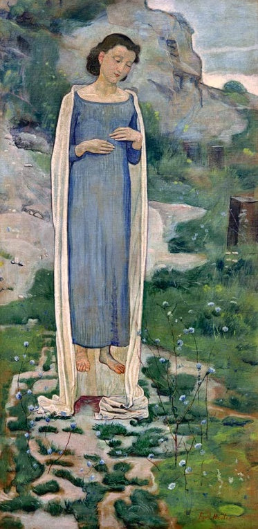 Ferdinand Hodler Was die Blumen sagen Kunstkopie, junge Frau in blauem Kleid und hellem Umhang auf einer Wiese