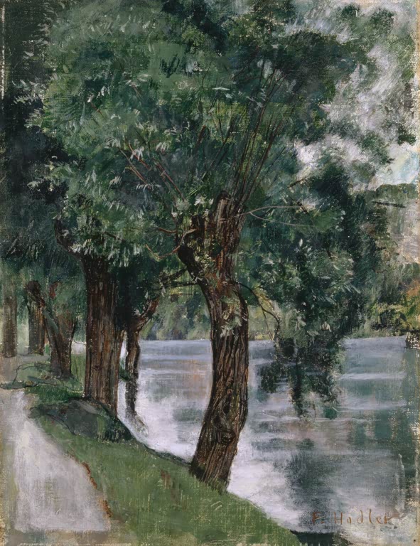 Ferdinand Hodler Weiden an der Rhone Kunstkopie, knorrige Uferweiden mit grünem Laub an einem grauen, ruhigen Flusslauf
