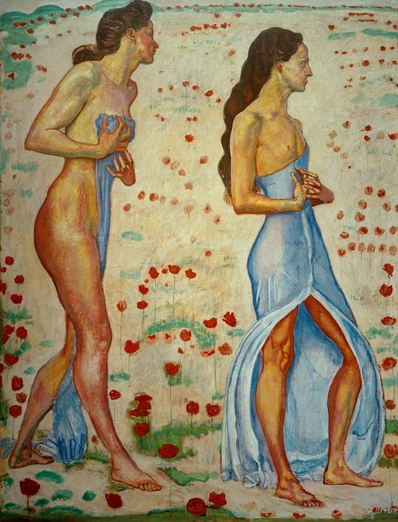 Ferdinand Hodler Zwei Frauen in Blumen Empfindung 1a Kunstkopie, Frauenfiguren mit blauem Tuch auf einer Mohnwiese