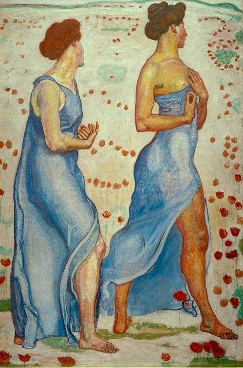 Ferdinand Hodler Zwei Frauen in Blumen Empfindung 1b Kunstkopie, zwei Frauen in blauen Gewändern auf einer Blumenwiese