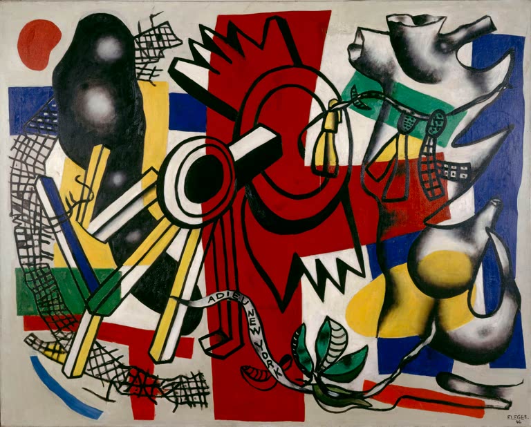 Bunte Formen mit rotem Zentrum, Netzen und Birne unter Schriftband – Fernand Leger Abschied von New York Kunstkopie