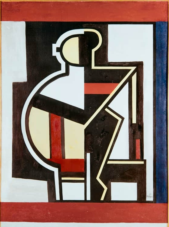 Geometrische sitzende Figur zwischen roten Querstreifen – Fernand Leger Abstrakte Komposition Kunstkopie
