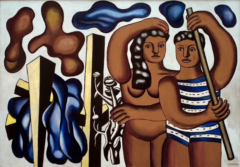 Zwei Frauen, eine im gestreiften Badeanzug, vor blauen Formen – Fernand Leger Adam et Eve (étude) Kunstkopie