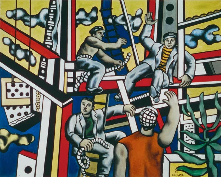 Bauarbeiter klettern auf einem Gerüst vor gelbem und rotem Grund – Fernand Leger Bauleute Kunstkopie