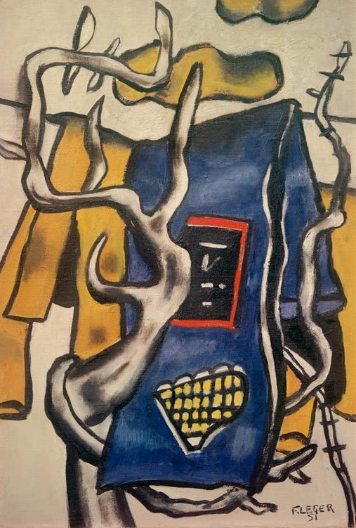 Blaue Decke an kahlem Ast vor gelben Flächen – Fernand Leger Blaue Decke in der Landschaft Kunstkopie
