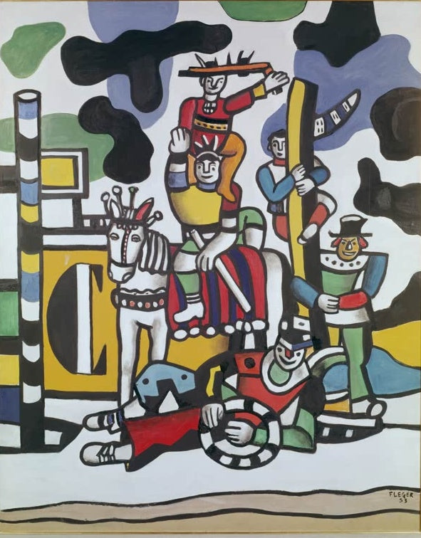 Fünf Clowns mit Pferd vor bunten Wolkenformen und Pfählen – Fernand Leger Composition aux cinq clowns Kunstkopie