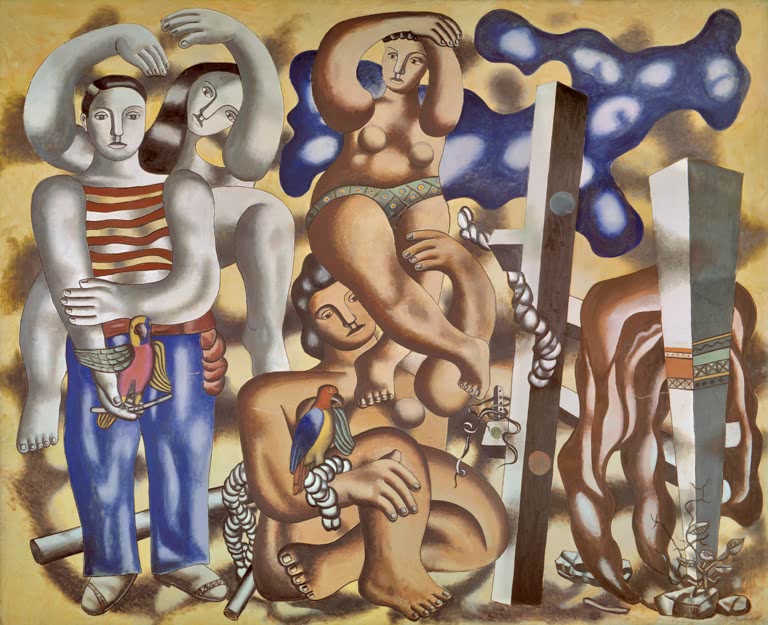 Figuren und Papageien in warmen Erdtönen mit blauem Wolkenfleck – Fernand Leger Composition aux deux perroquets Kunstkopie