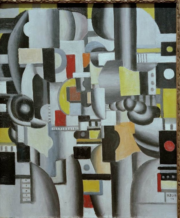 Maschinenhafte graue Röhrenformen mit gelben und roten Akzenten – Fernand Leger Composition Kunstkopie