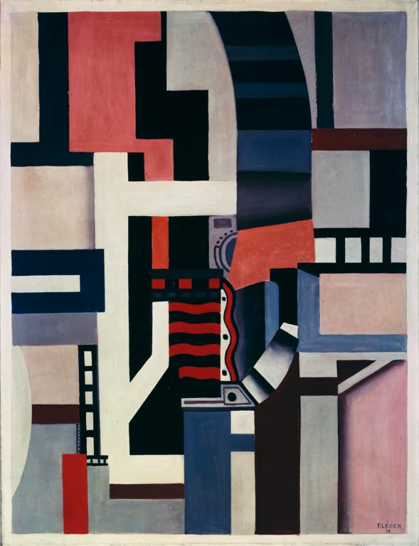 Rechtwinklige Flächen in Schwarz, Rosa, Blau und Grau mit Röhrenmotiv – Fernand Leger Composition Kunstkopie