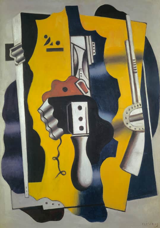 Gelbe Fläche mit Hand, Pfeife und Röhrenformen auf grauem Grund – Fernand Leger Composition Kunstkopie