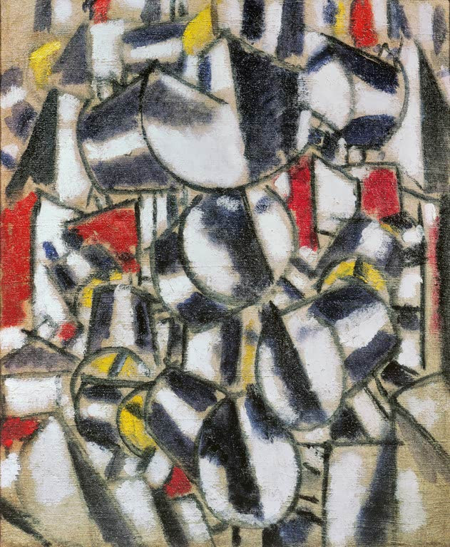 Zersplitterte Zylinderformen in Blau, Schwarz und Weiß mit roten Spuren – Fernand Leger Contraste de formes Kunstkopie